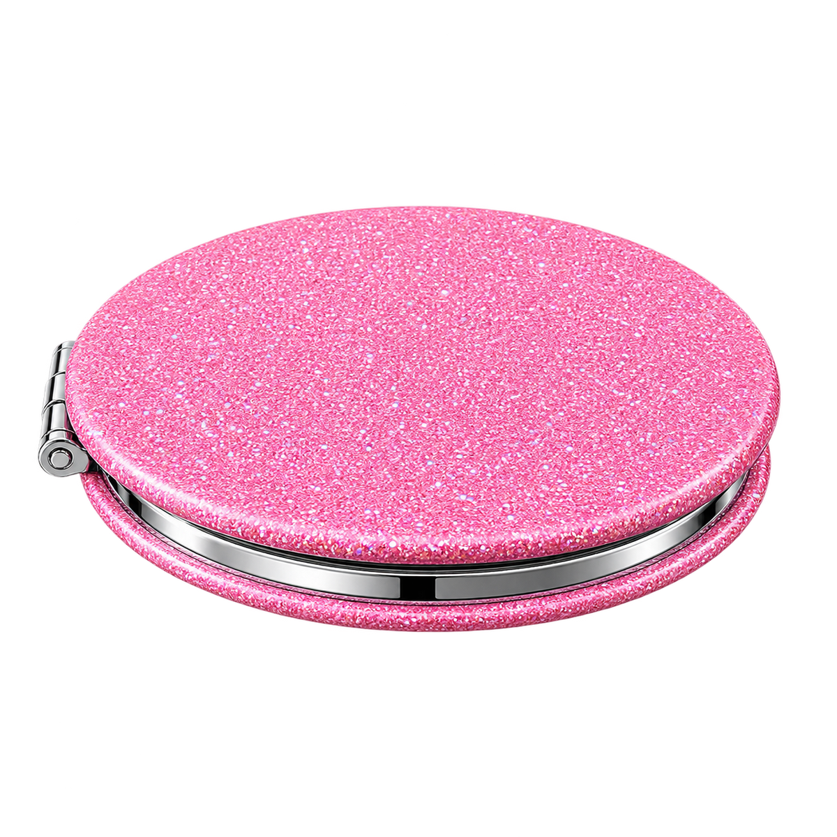 Glitter Round Compact Mirror – Silver & Pink